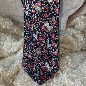Kieselstein-Cord Tie Silk Floral Squirrel and Owl Tie Navy, Burgundy and Beige